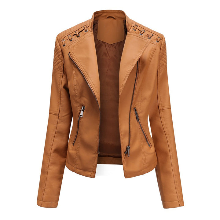 Hochwertige Damen Lederjacke mit Reißverschluss-Details-Lichtbraun-S-Luzern Mode