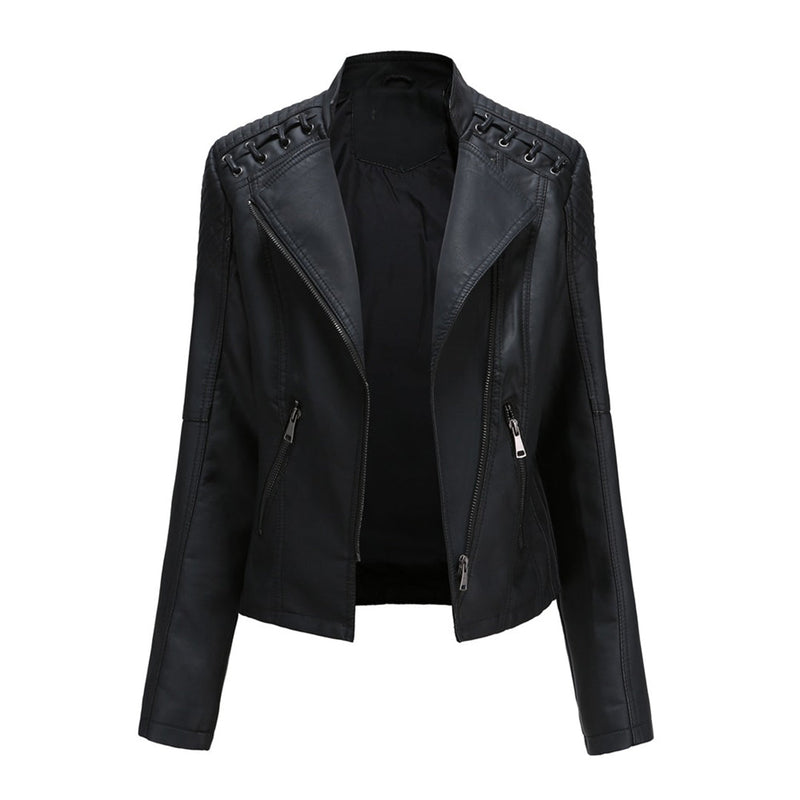Hochwertige Damen Lederjacke mit Reißverschluss-Details-Schwarz-S-Luzern Mode