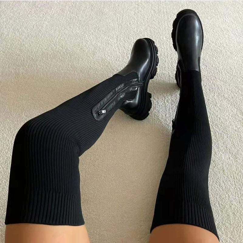 Damen Kniehohe Stiefel mit Blockabsatz und Reißverschluss-Schwarz-36-Luzern Mode