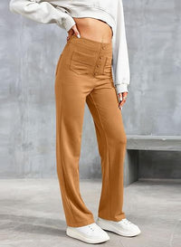 Damenhose | Hohe Taille | Elastisch | Reguläre Passform | Unifarben | Knöpfe-Braun-S-Luzern Mode