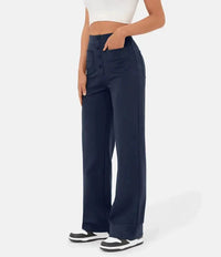 Damenhose | Hohe Taille | Elastisch | Reguläre Passform | Unifarben | Knöpfe-Dunkelblau-S-Luzern Mode