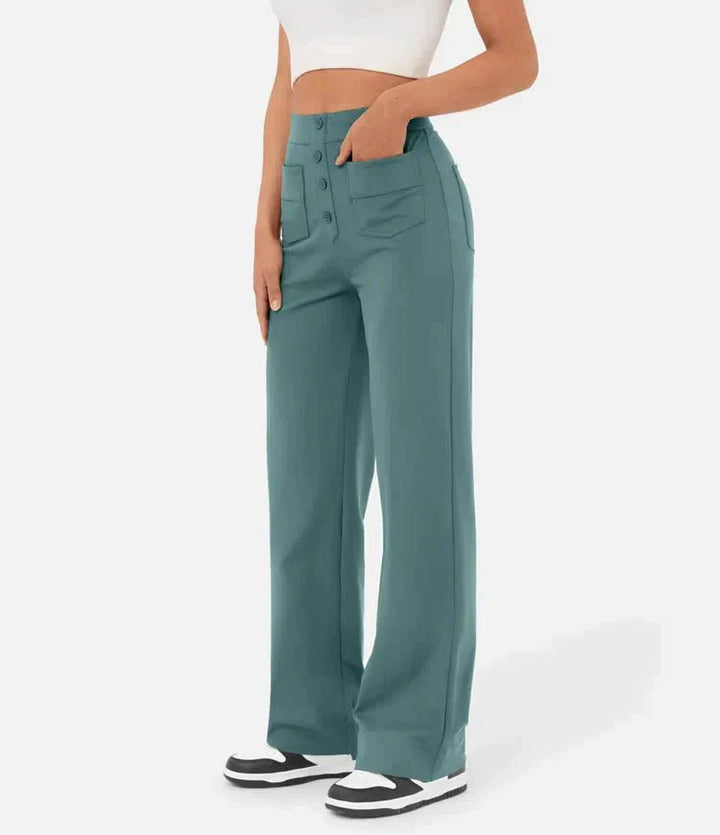 Damenhose | Hohe Taille | Elastisch | Reguläre Passform | Unifarben | Knöpfe-Luzern Mode