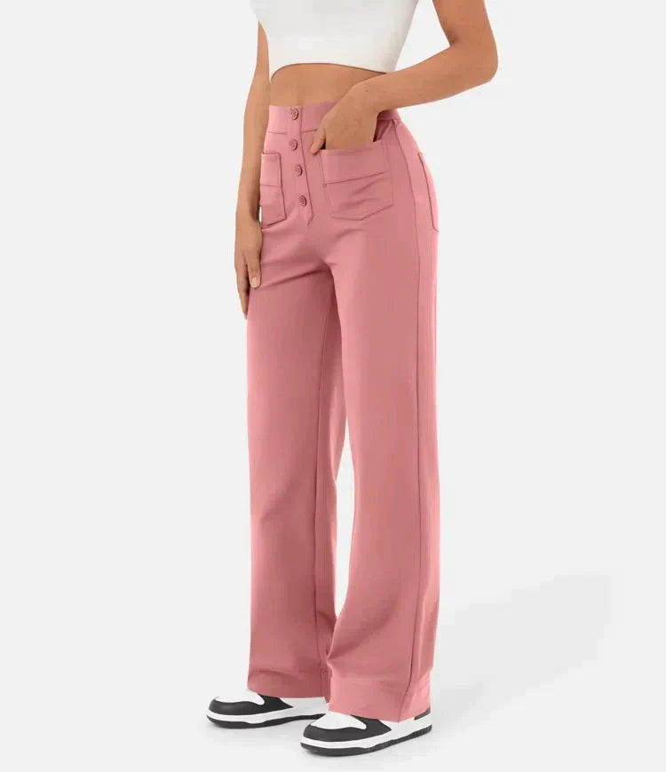 Damenhose | Hohe Taille | Elastisch | Reguläre Passform | Unifarben | Knöpfe-Luzern Mode