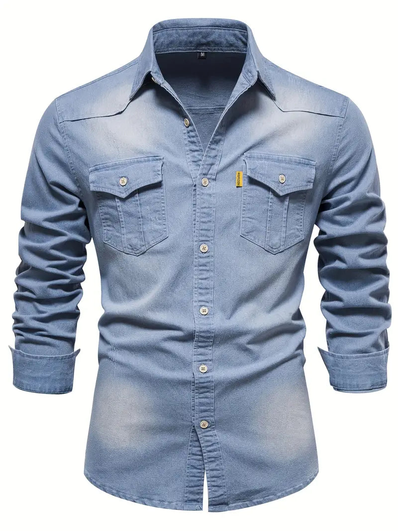 Herren Jeanshemd mit Taschen - Lässiges Denim Hemd-Hellblau-S-Luzern Mode