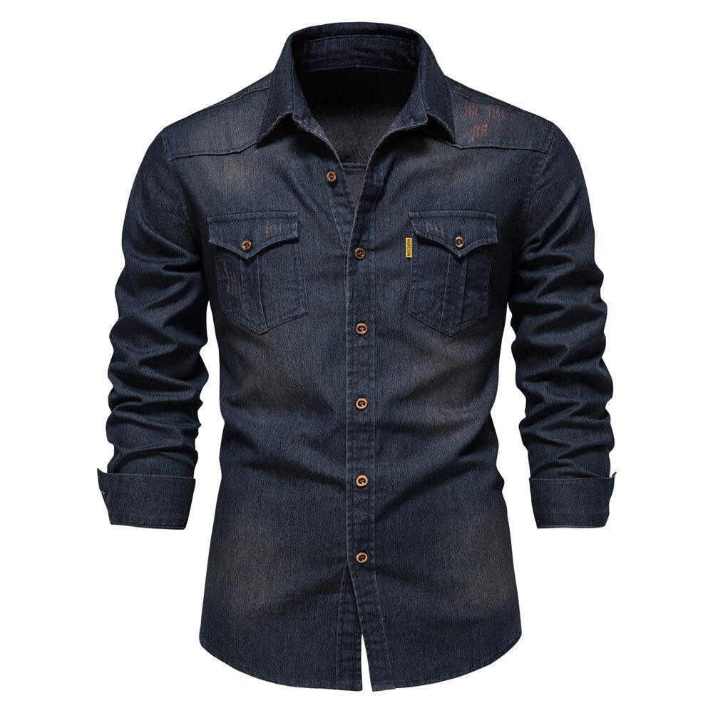 Herren Jeanshemd mit Taschen - Lässiges Denim Hemd-Marineblau-S-Luzern Mode