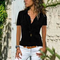 Damen Bluse | Kurzen Ärmeln | Knopfleiste | Kragen | Einfarbig -Schwartz-S-Luzern Mode