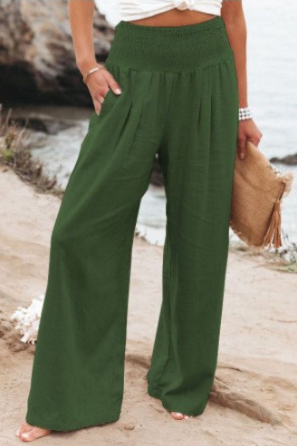 Damen Hose | Boho | Einfarbig | Hohe Taille | Locker | Elastisch-Armeegrün-S-Luzern Mode