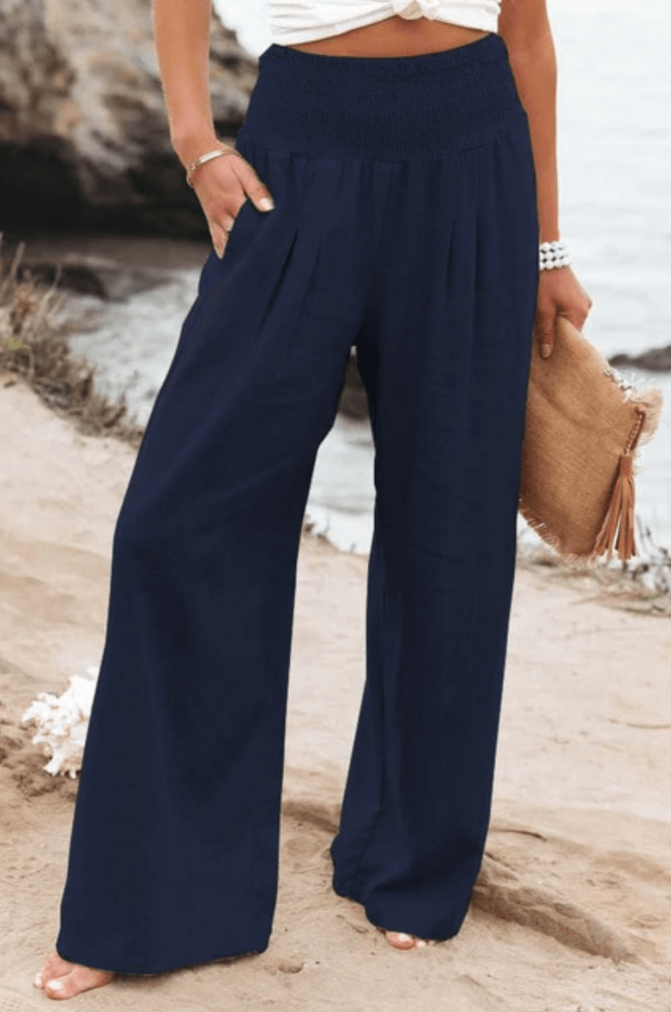 Damen Hose | Boho | Einfarbig | Hohe Taille | Locker | Elastisch-Dunkelblau-S-Luzern Mode