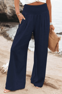 Damen Hose | Boho | Einfarbig | Hohe Taille | Locker | Elastisch-Dunkelblau-S-Luzern Mode
