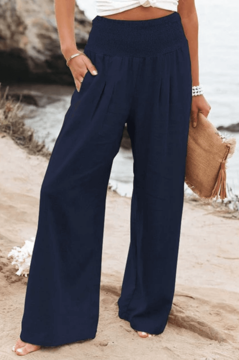 Damen Hose | Boho | Einfarbig | Hohe Taille | Locker | Elastisch-Dunkelblau-S-Luzern Mode