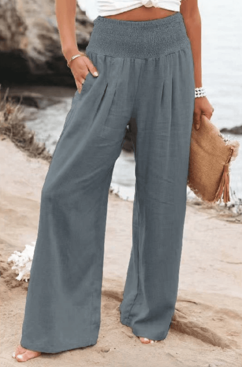 Damen Hose | Boho | Einfarbig | Hohe Taille | Locker | Elastisch-Grau-S-Luzern Mode