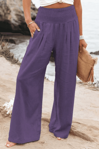 Damen Hose | Boho | Einfarbig | Hohe Taille | Locker | Elastisch-Lila-S-Luzern Mode