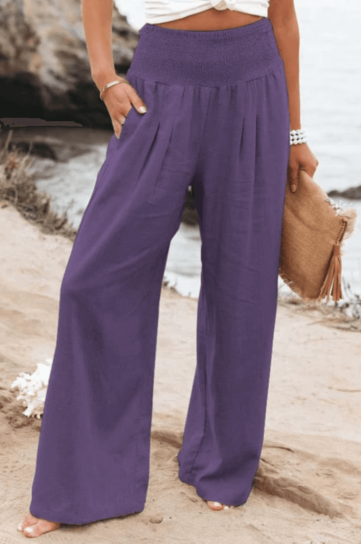 Damen Hose | Boho | Einfarbig | Hohe Taille | Locker | Elastisch-Lila-S-Luzern Mode