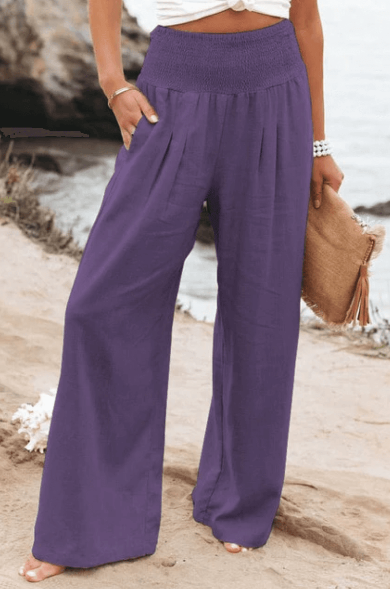Damen Hose | Boho | Einfarbig | Hohe Taille | Locker | Elastisch-Lila-S-Luzern Mode