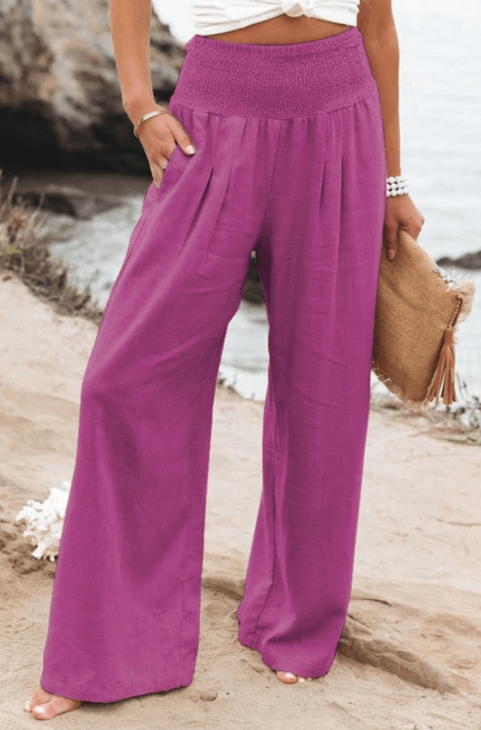 Damen Hose | Boho | Einfarbig | Hohe Taille | Locker | Elastisch-Pink-S-Luzern Mode