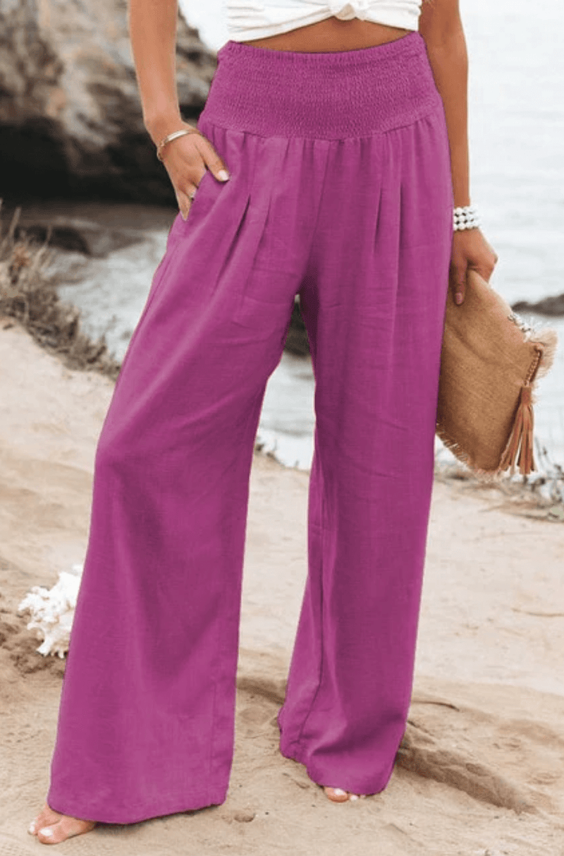 Damen Hose | Boho | Einfarbig | Hohe Taille | Locker | Elastisch-Pink-S-Luzern Mode