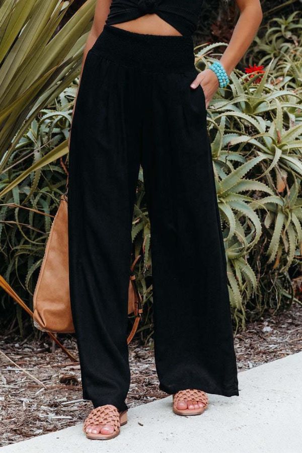 Damen Hose | Boho | Einfarbig | Hohe Taille | Locker | Elastisch-Schwarz-S-Luzern Mode