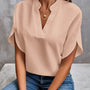 Damenbluse | Leicht | Einfarbig | V-Ausschnitt | Kurze Ärmel | Locker-Beige-XS-Luzern Mode