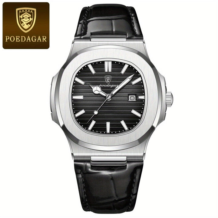 Luxus Herrenuhr mit Lederarmband und Datumsanzeige-Schwarz-Luzern Mode