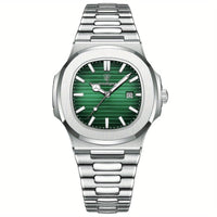 Luxus Herrenuhr mit Lederarmband und Datumsanzeige-Silber / Grün-Luzern Mode