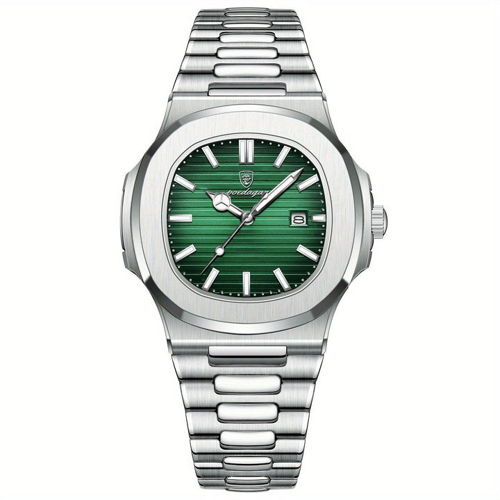 Luxus Herrenuhr mit Lederarmband und Datumsanzeige-Silber / Grün-Luzern Mode