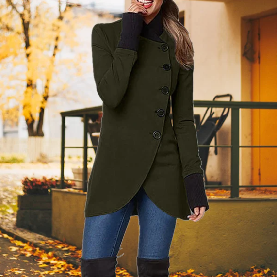 Damen Wintermantel mit asymmetrischem Schnitt und Knöpfen-Grün-S-Luzern Mode