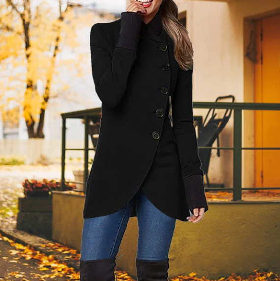Damen Wintermantel mit asymmetrischem Schnitt und Knöpfen-Schwarz-S-Luzern Mode