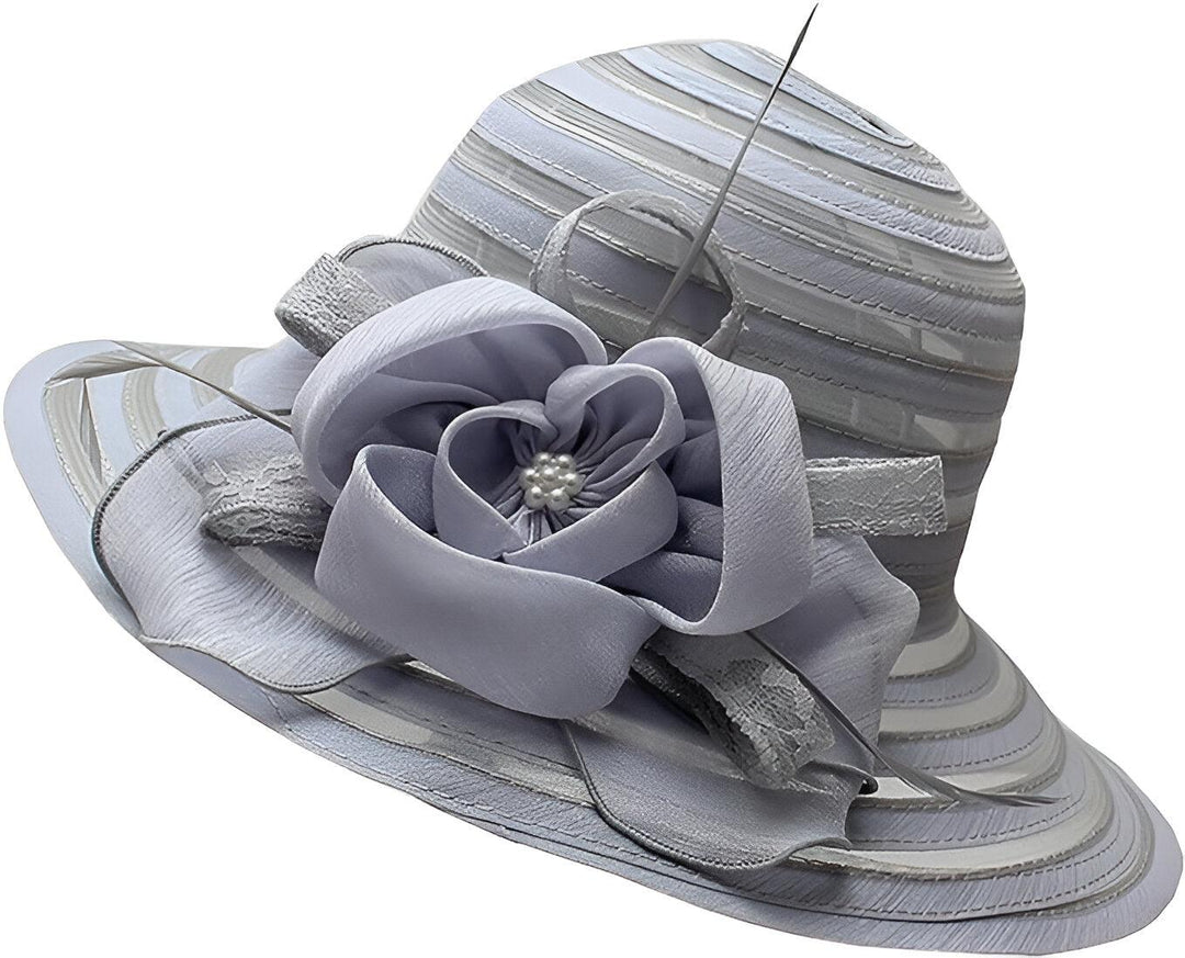 Damen Sonnenhut | Breite Krempe | Blumendetail | Einfarbig | Organza-Grau-Luzern Mode