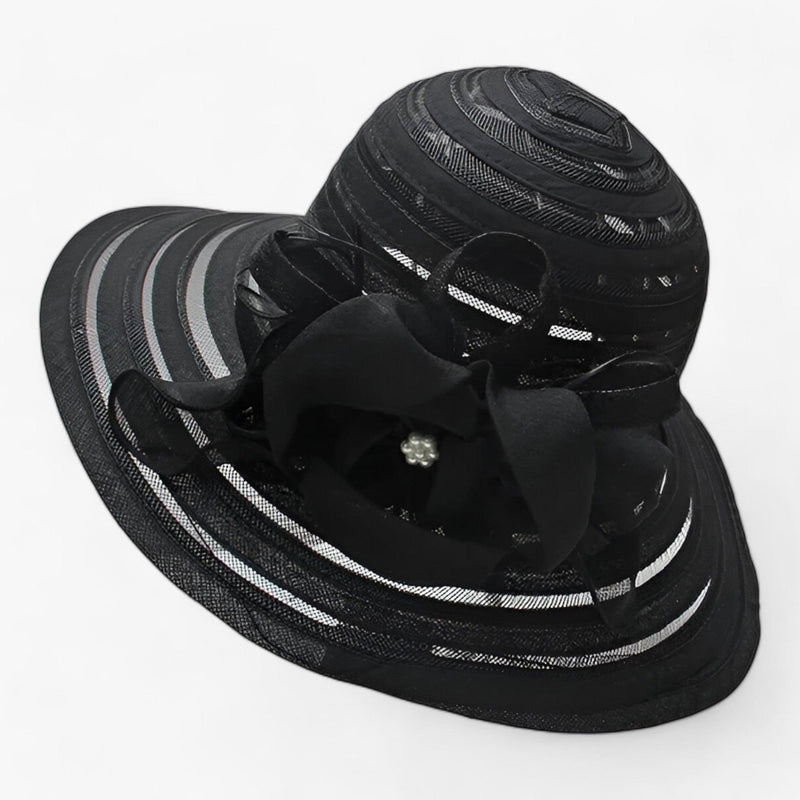 Damen Sonnenhut | Breite Krempe | Blumendetail | Einfarbig | Organza-Schwartz-Luzern Mode