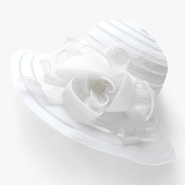 Damen Sonnenhut | Breite Krempe | Blumendetail | Einfarbig | Organza-Weiß-Luzern Mode