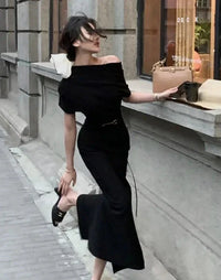 Maxikleid | Off-Shoulder | Figurbetont | Elastisch | Einfarbig | Weich-Luzern Mode