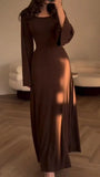 Maxikleid | Schnürung | Lange Ärmel | Einfarbig | Rundhals | Locker-Braun-S-Luzern Mode