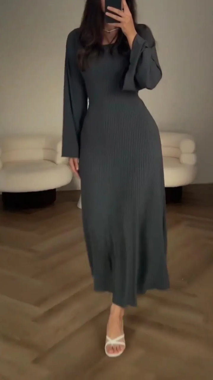Maxikleid | Schnürung | Lange Ärmel | Einfarbig | Rundhals | Locker-Grau-S-Luzern Mode