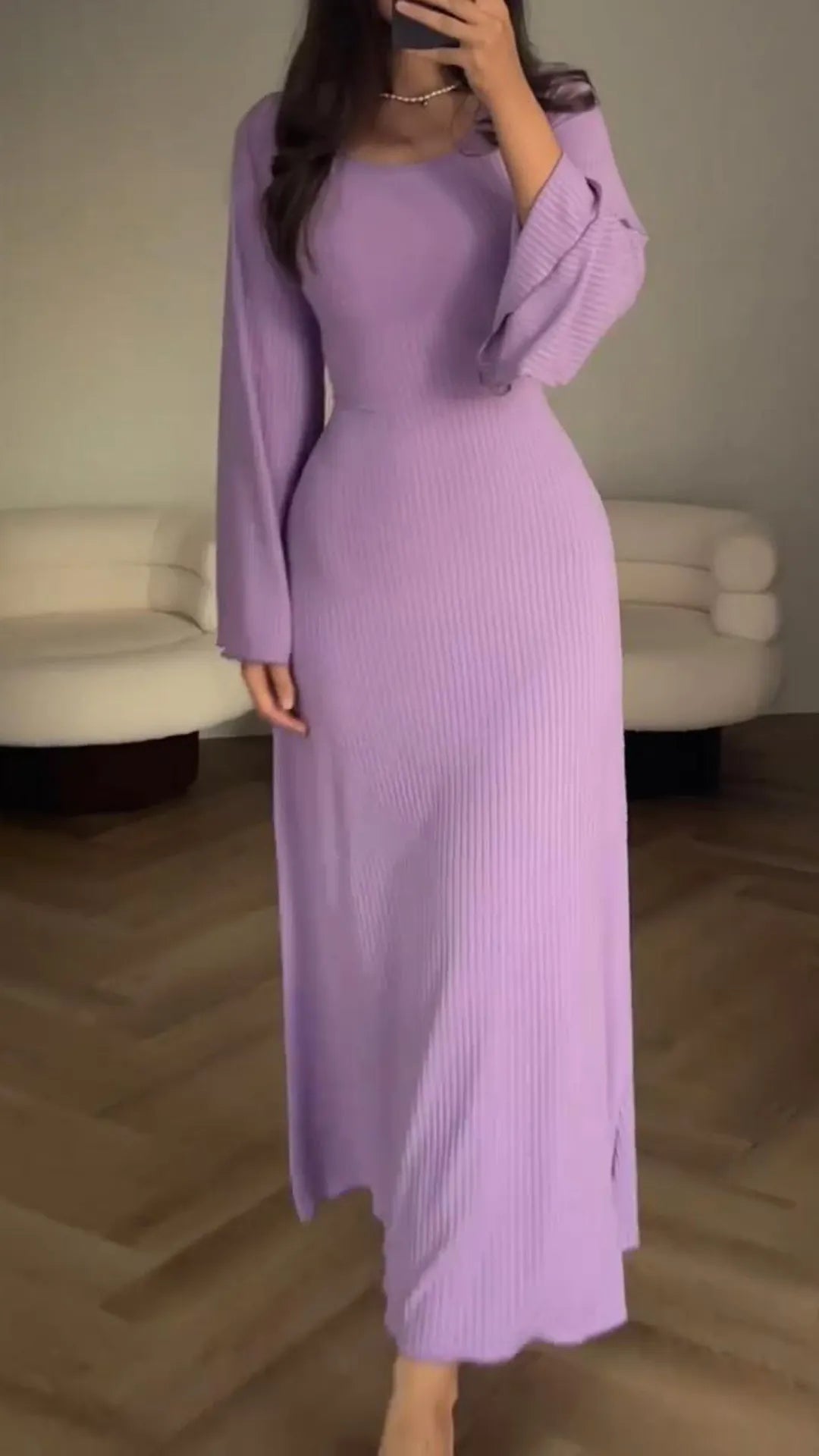 Maxikleid | Schnürung | Lange Ärmel | Einfarbig | Rundhals | Locker-Lila-S-Luzern Mode
