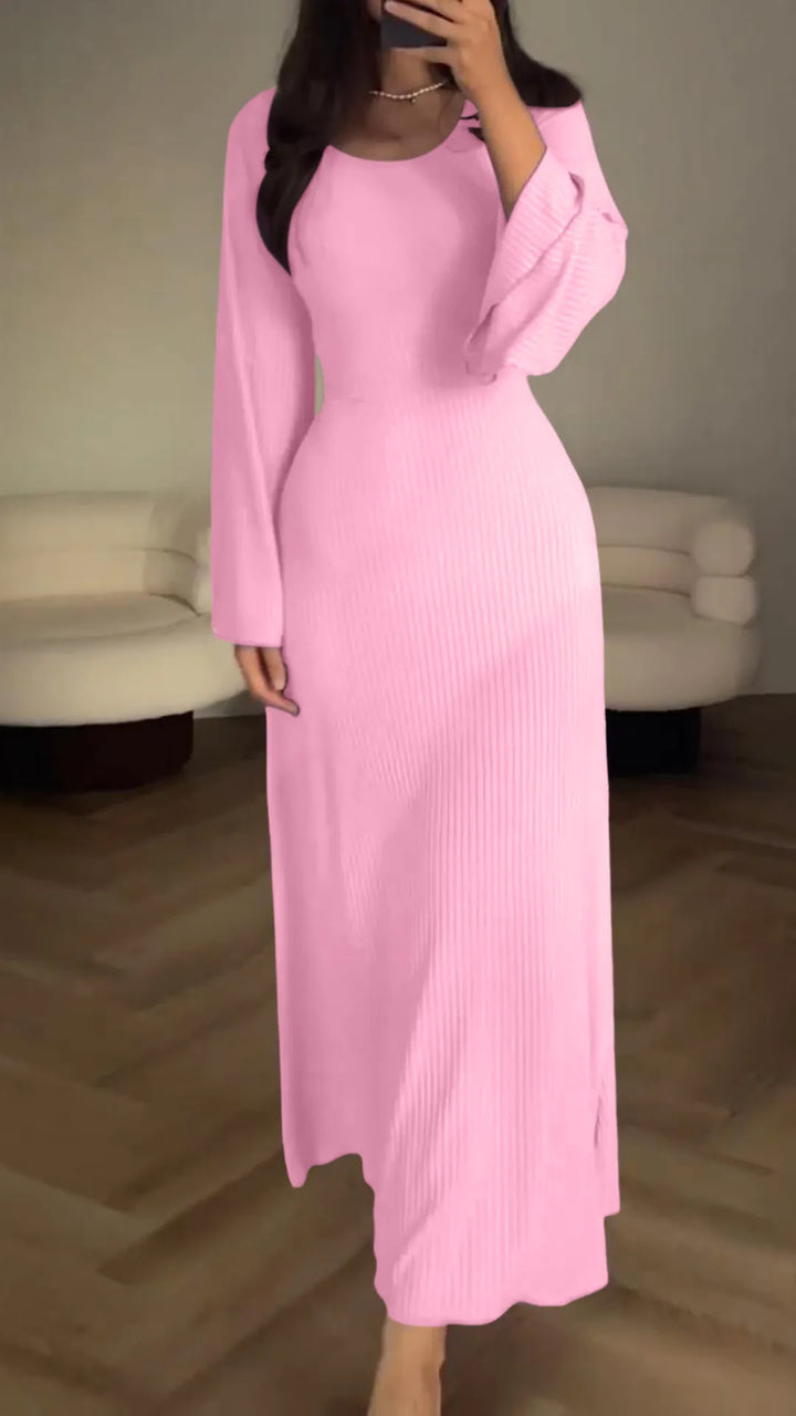 Maxikleid | Schnürung | Lange Ärmel | Einfarbig | Rundhals | Locker-Rosa-S-Luzern Mode