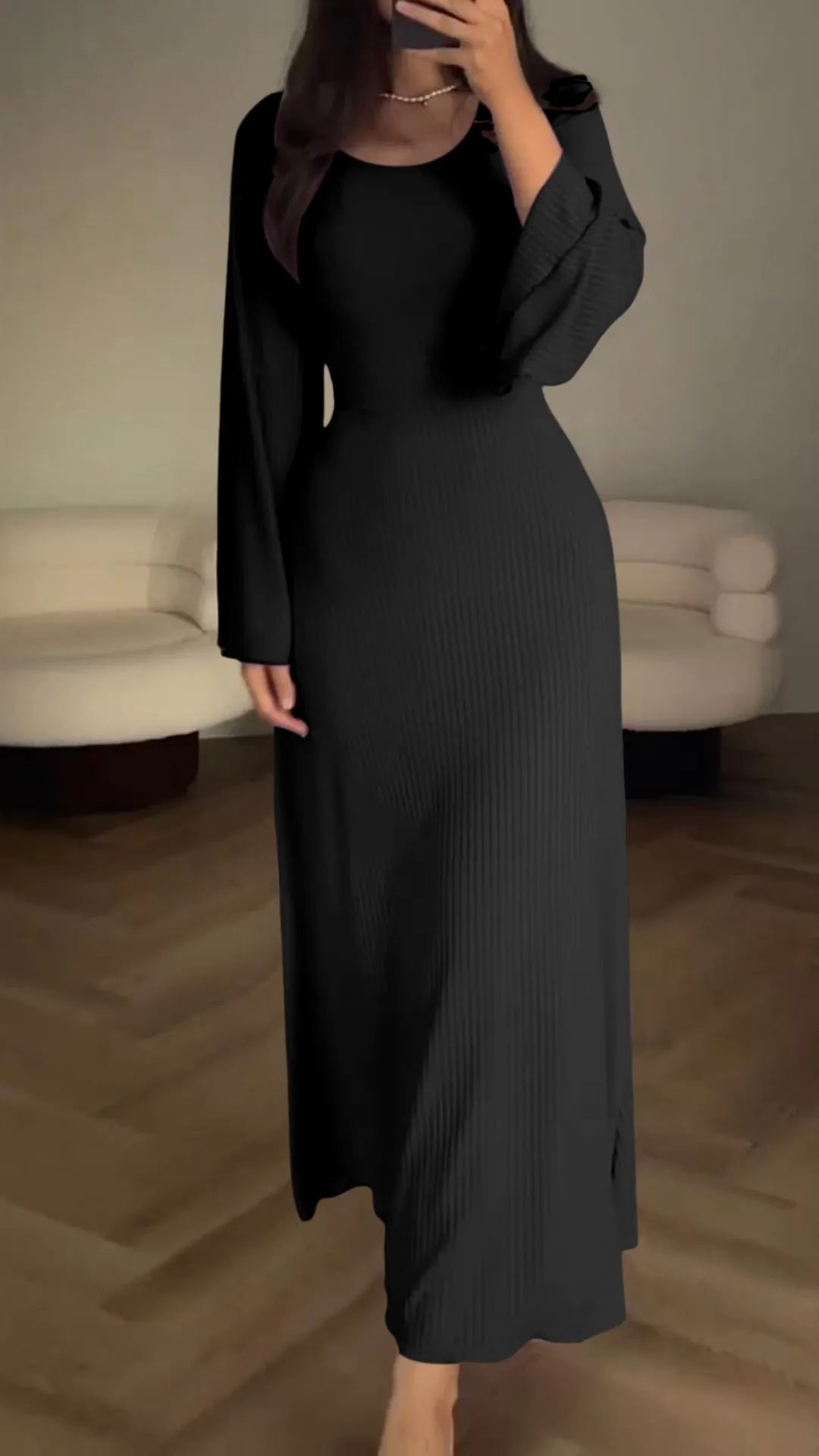 Maxikleid | Schnürung | Lange Ärmel | Einfarbig | Rundhals | Locker-Schwarz-S-Luzern Mode