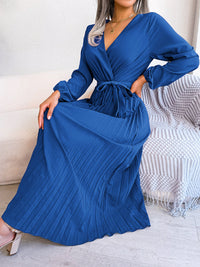 Maxikleid | Wickeloptik | Lange Ärmel | V-Ausschnitt | Lotusärmel-Blau-S-Luzern Mode