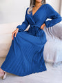 Maxikleid | Wickeloptik | Lange Ärmel | V-Ausschnitt | Lotusärmel-Blau-S-Luzern Mode