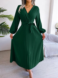 Maxikleid | Wickeloptik | Lange Ärmel | V-Ausschnitt | Lotusärmel-Grün-S-Luzern Mode