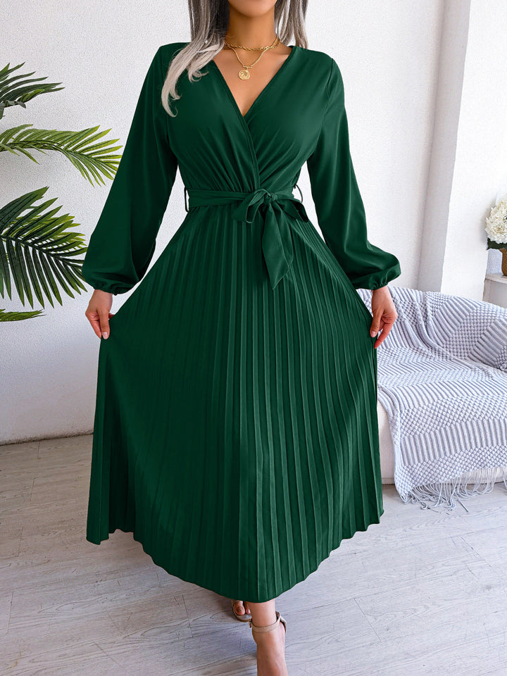 Maxikleid | Wickeloptik | Lange Ärmel | V-Ausschnitt | Lotusärmel-Grün-S-Luzern Mode