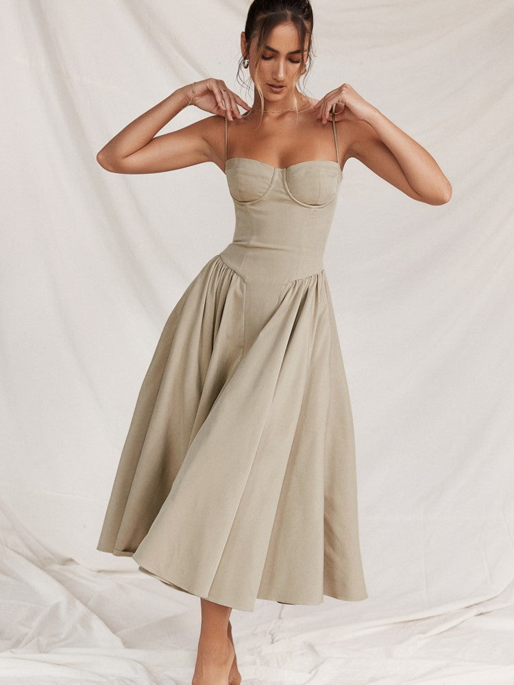 Midi Abendkleid | Plisseesaum | Rückenfrei | Ärmellos | Einfarbig-Creme-S-Luzern Mode