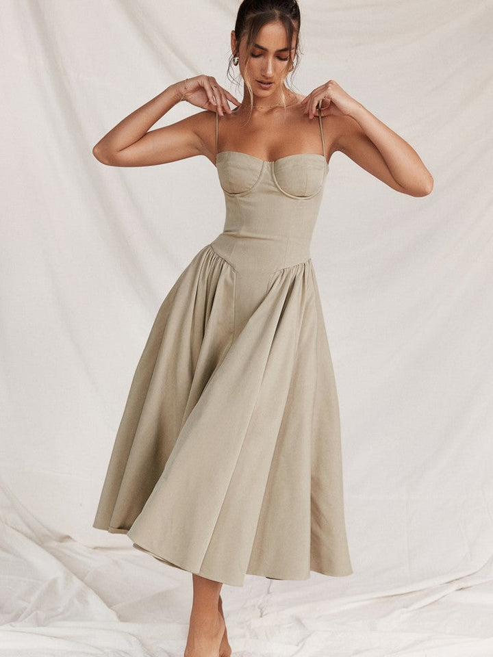 Midi Abendkleid | Plisseesaum | Rückenfrei | Ärmellos | Einfarbig-Creme-S-Luzern Mode