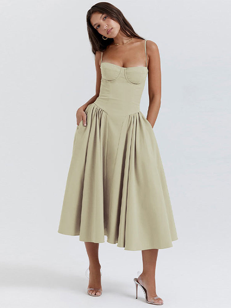 Midi Abendkleid | Plisseesaum | Rückenfrei | Ärmellos | Einfarbig-Luzern Mode