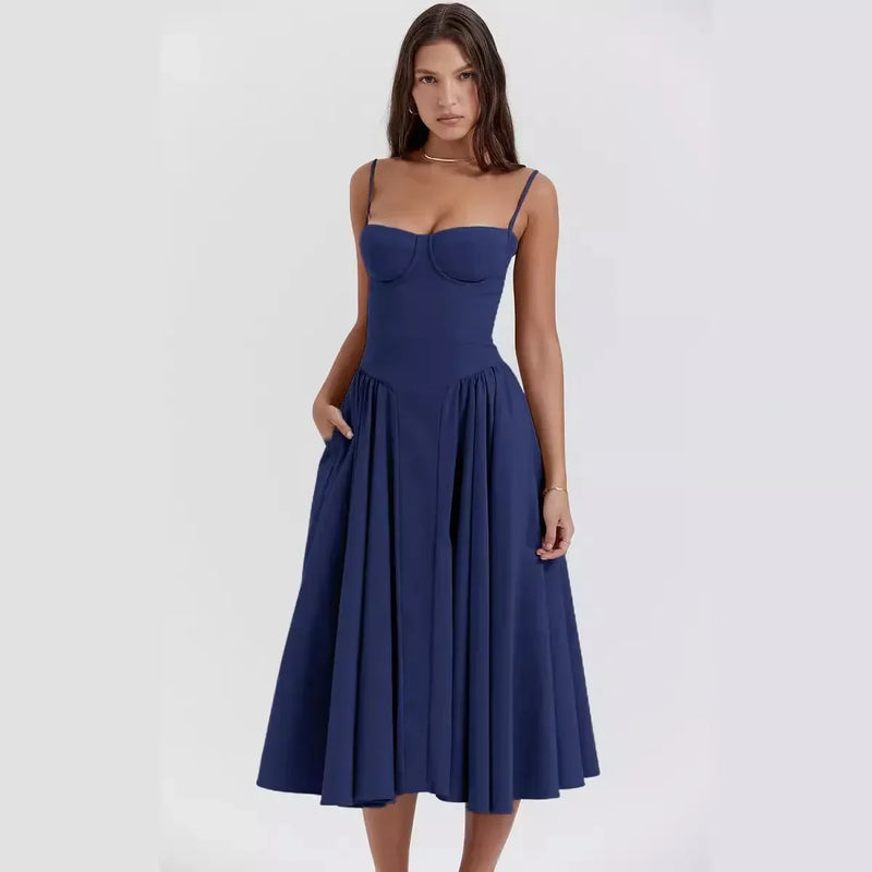 Midi Abendkleid | Plisseesaum | Rückenfrei | Ärmellos | Einfarbig-Dunkelblau-S-Luzern Mode