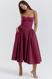 Midi Abendkleid | Plisseesaum | Rückenfrei | Ärmellos | Einfarbig-Dunkelrot-S-Luzern Mode