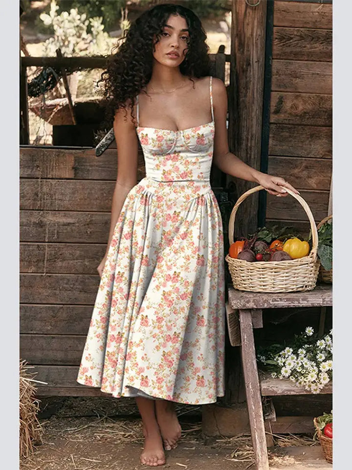 Midi Abendkleid | Plisseesaum | Rückenfrei | Ärmellos | Einfarbig-Gedruckt-S-Luzern Mode