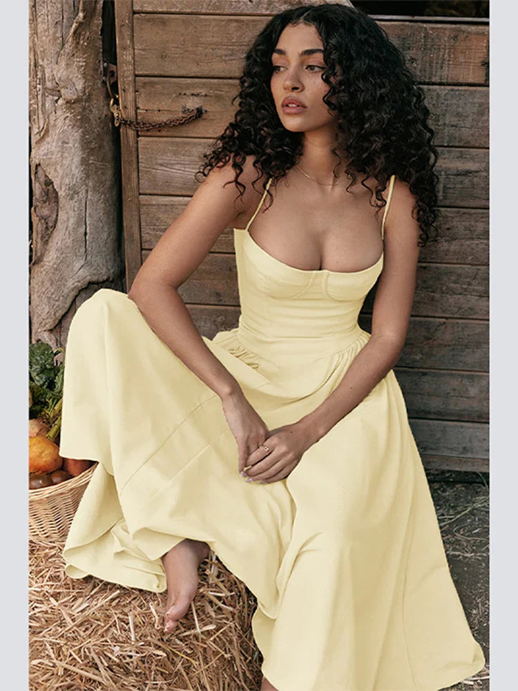 Midi Abendkleid | Plisseesaum | Rückenfrei | Ärmellos | Einfarbig-Gelb-S-Luzern Mode