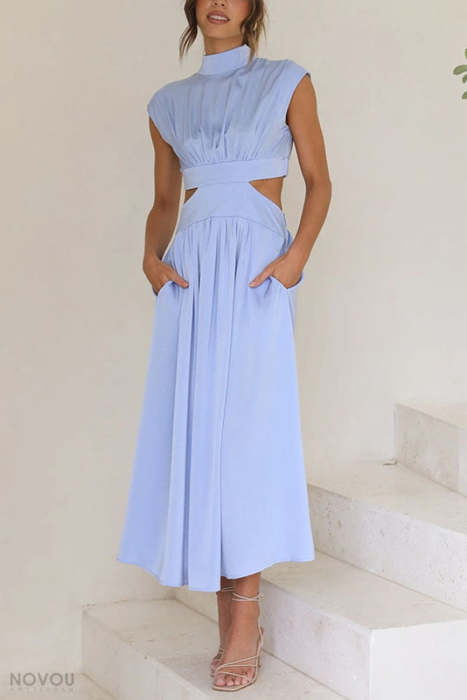 Sommer-Midikleid | Rollkragen | Taillenausschnitt | Ärmellos | Locker-Blau-S-Luzern Mode