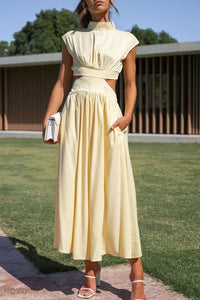 Sommer-Midikleid | Rollkragen | Taillenausschnitt | Ärmellos | Locker-Gelb-S-Luzern Mode