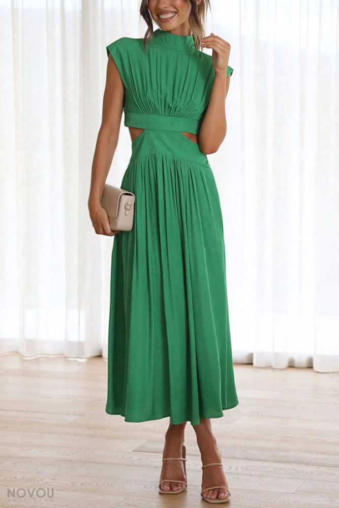 Sommer-Midikleid | Rollkragen | Taillenausschnitt | Ärmellos | Locker-Grün-S-Luzern Mode